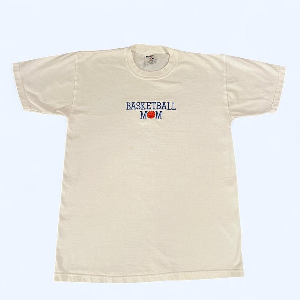 90s Vintage Jerzees Basketball Mom Tee Women’s M Cream Blue Embroidered Retro